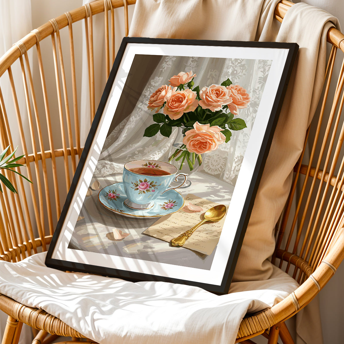 Vintage Tea Time Roses Framed Wall Art Poster