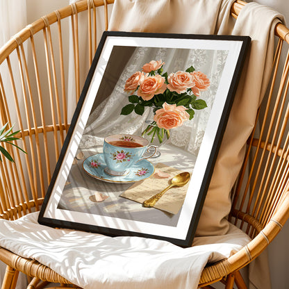 Vintage Tea Time Roses Framed Wall Art Poster