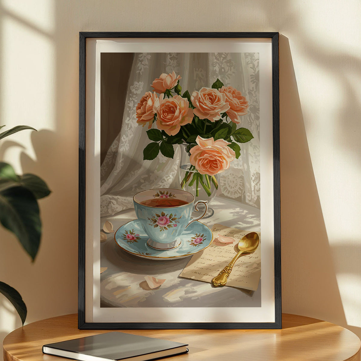 Vintage Tea Time Roses Framed Wall Art Poster