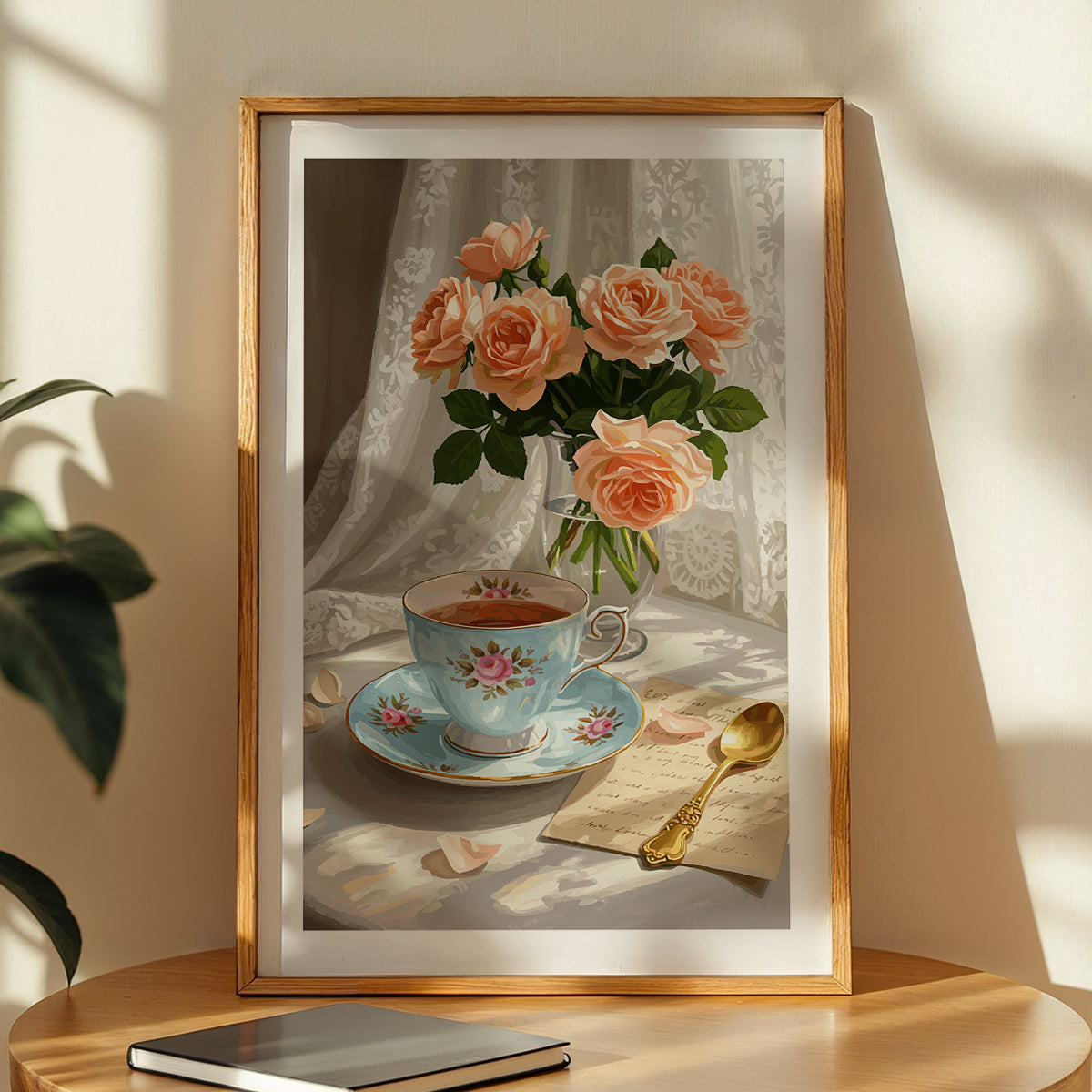 Vintage Tea Time Roses Framed Wall Art Poster