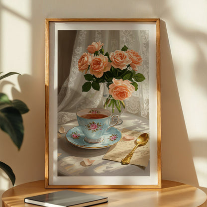 Vintage Tea Time Roses Framed Wall Art Poster