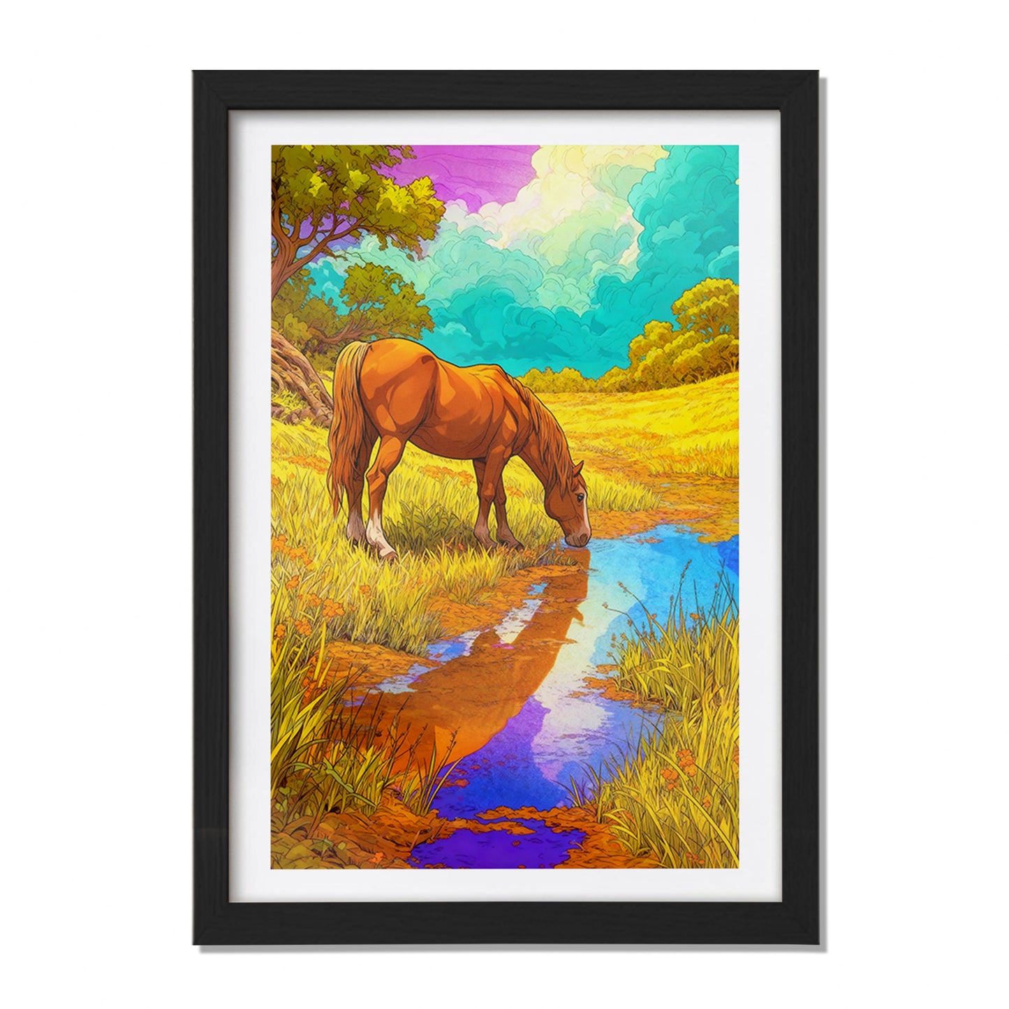 Horse by the Meadow Stream Wall Frame
