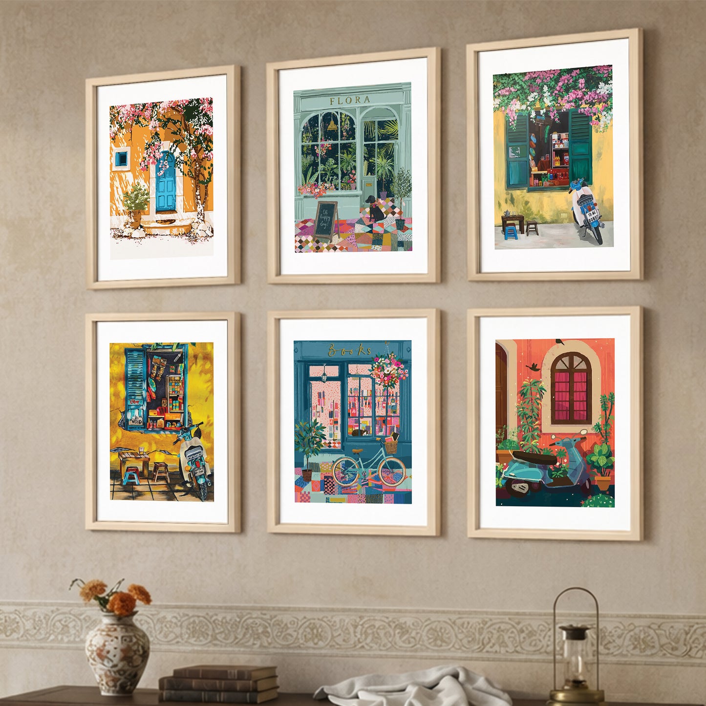 Mediterranean Café & Street Art Wall Frame Set of 6