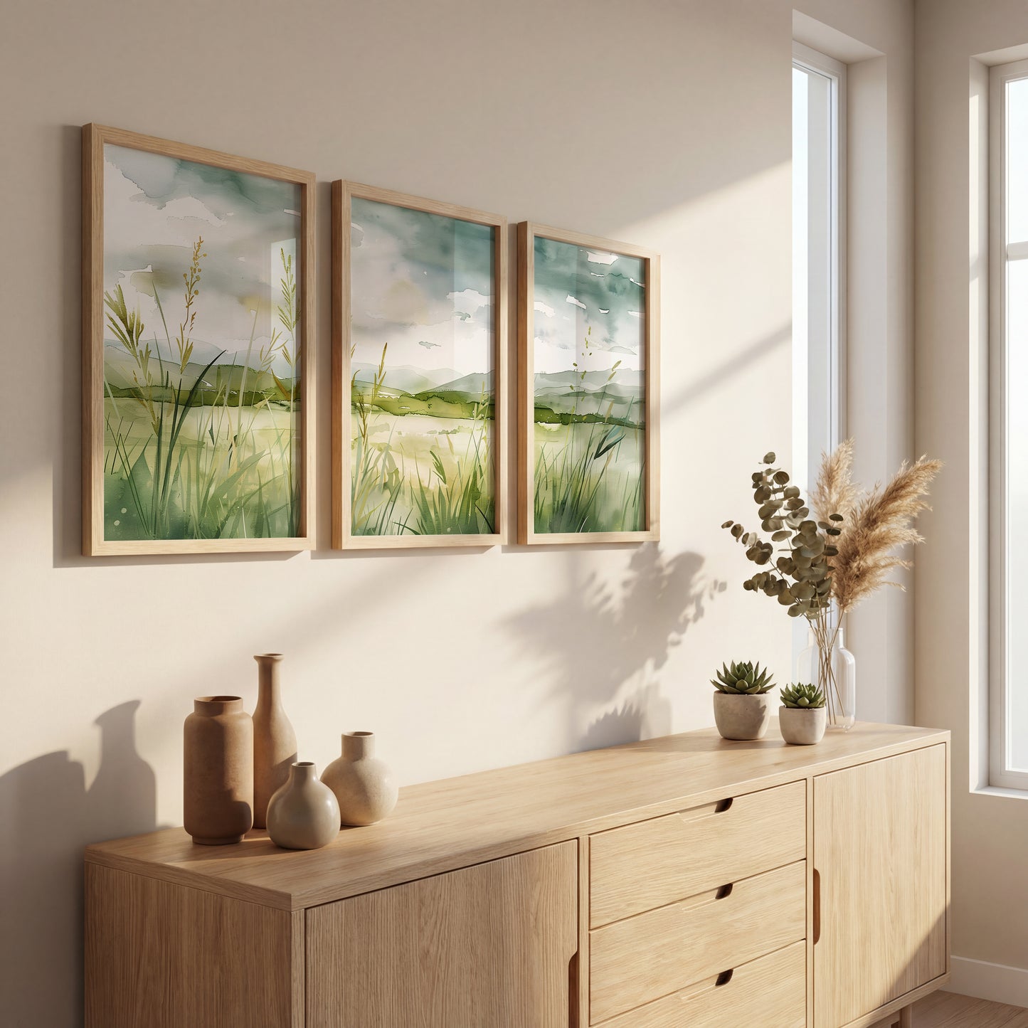 Serene Green Meadow Landscape Wall Art Set of 3