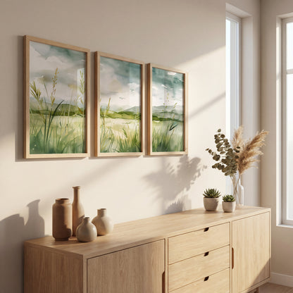 Serene Green Meadow Landscape Wall Art Set of 3