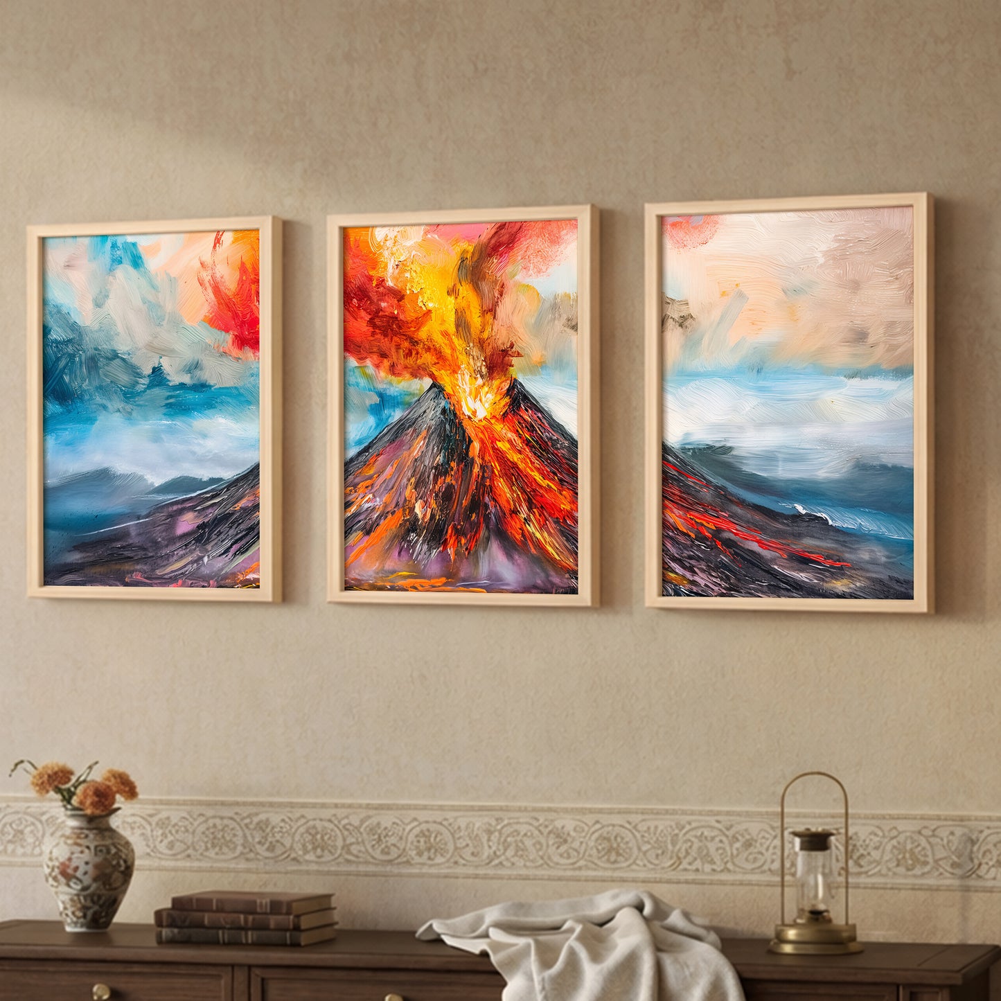Erupting Volcano Landscape Wall Frames Set of 3