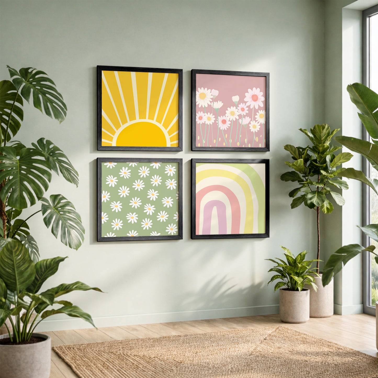 Boho Sunshine & Daisy Wall Art Frame Set of 4