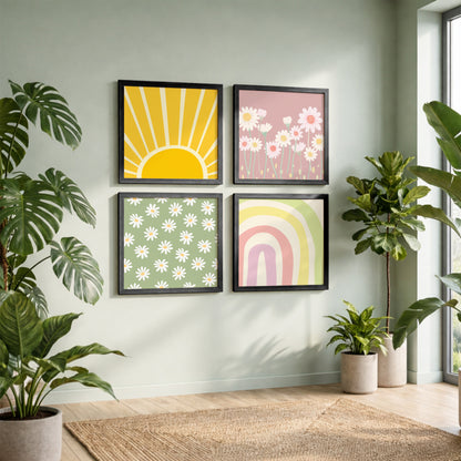 Boho Sunshine & Daisy Wall Art Frame Set of 4