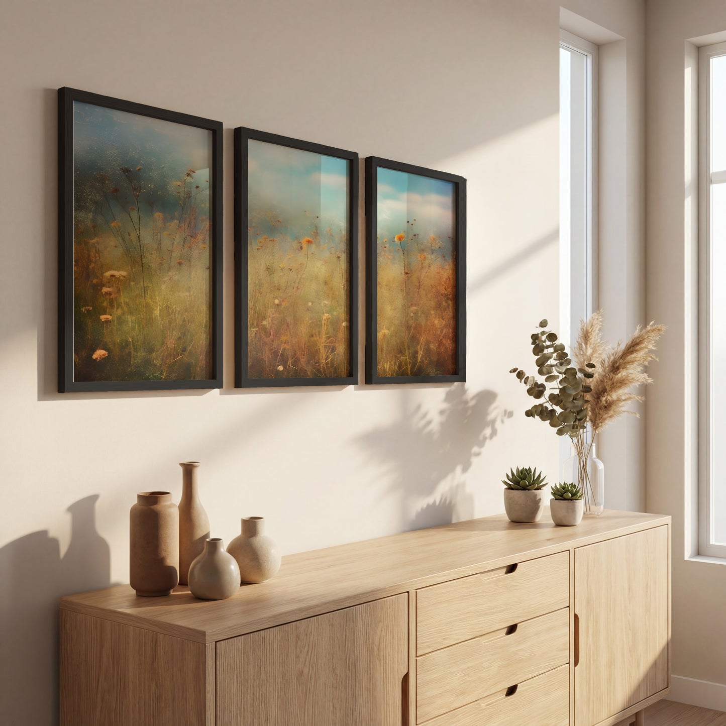Pastel Wildflower Field Framed Prints Set of 3