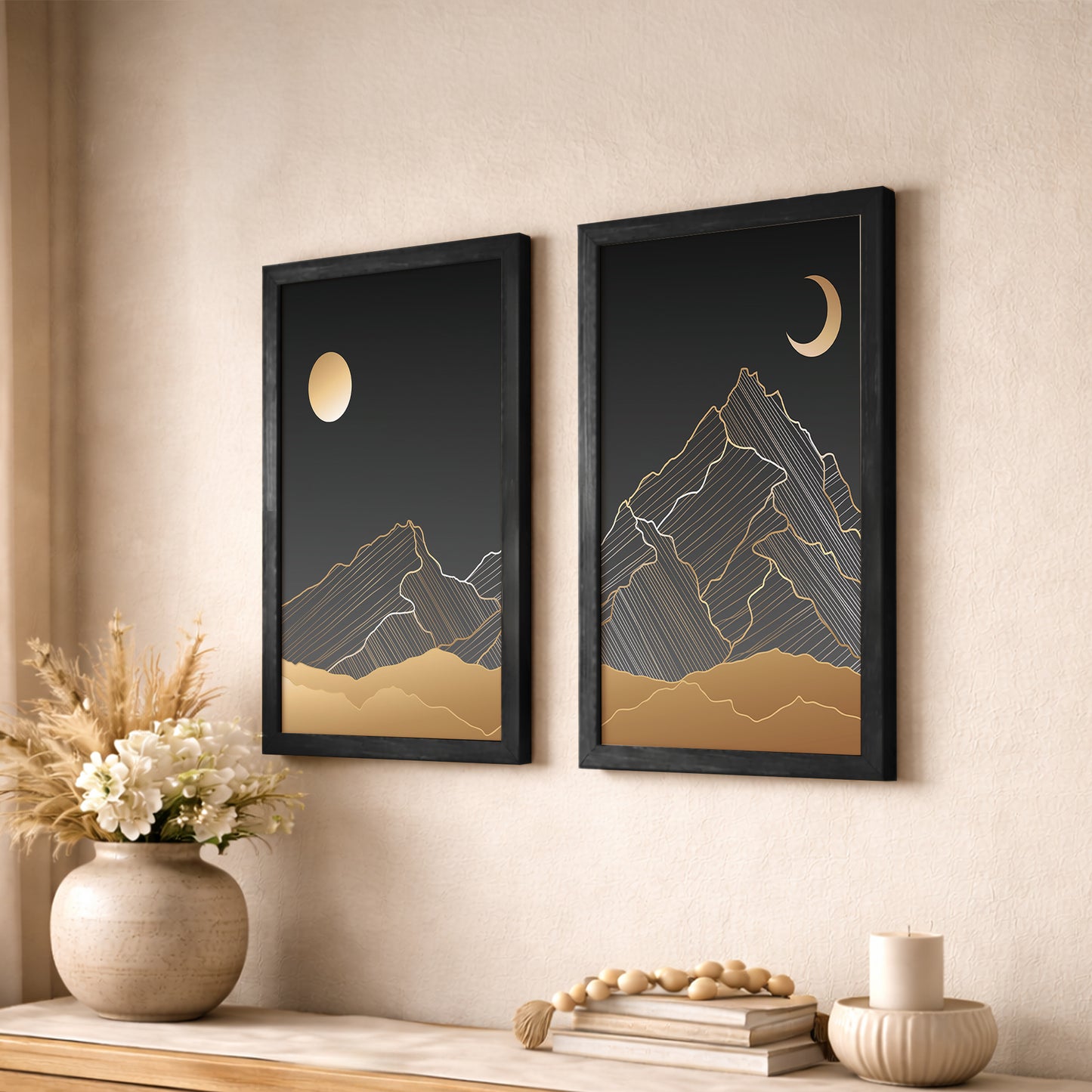 Golden Moon Mountain Minimal Wall Frames Set of 2