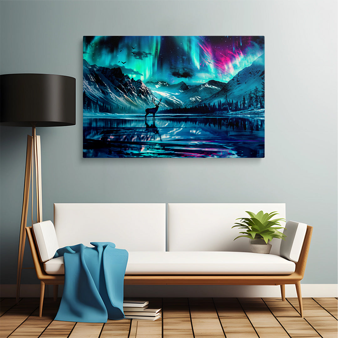 Deer Silhouette Northern Lights Lake Reflection Print Canvas