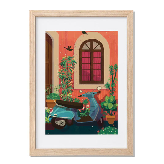 Vintage Scooter Courtyard Framed Wall Art Print