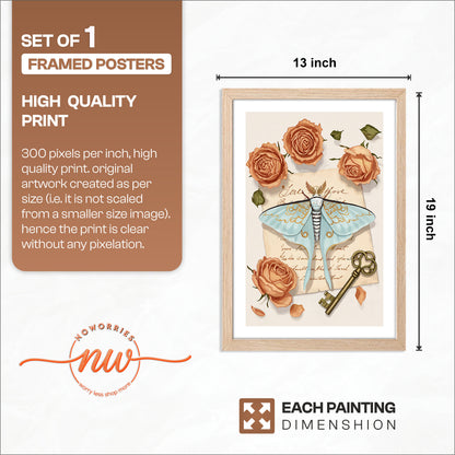 Vintage Moth & Roses Botanical Framed Wall Art