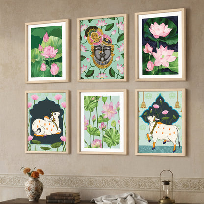 Lotus & Krishna Spiritual Art Wall Frame Set of 6
