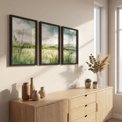 Serene Green Meadow Landscape Wall Art Set of 3