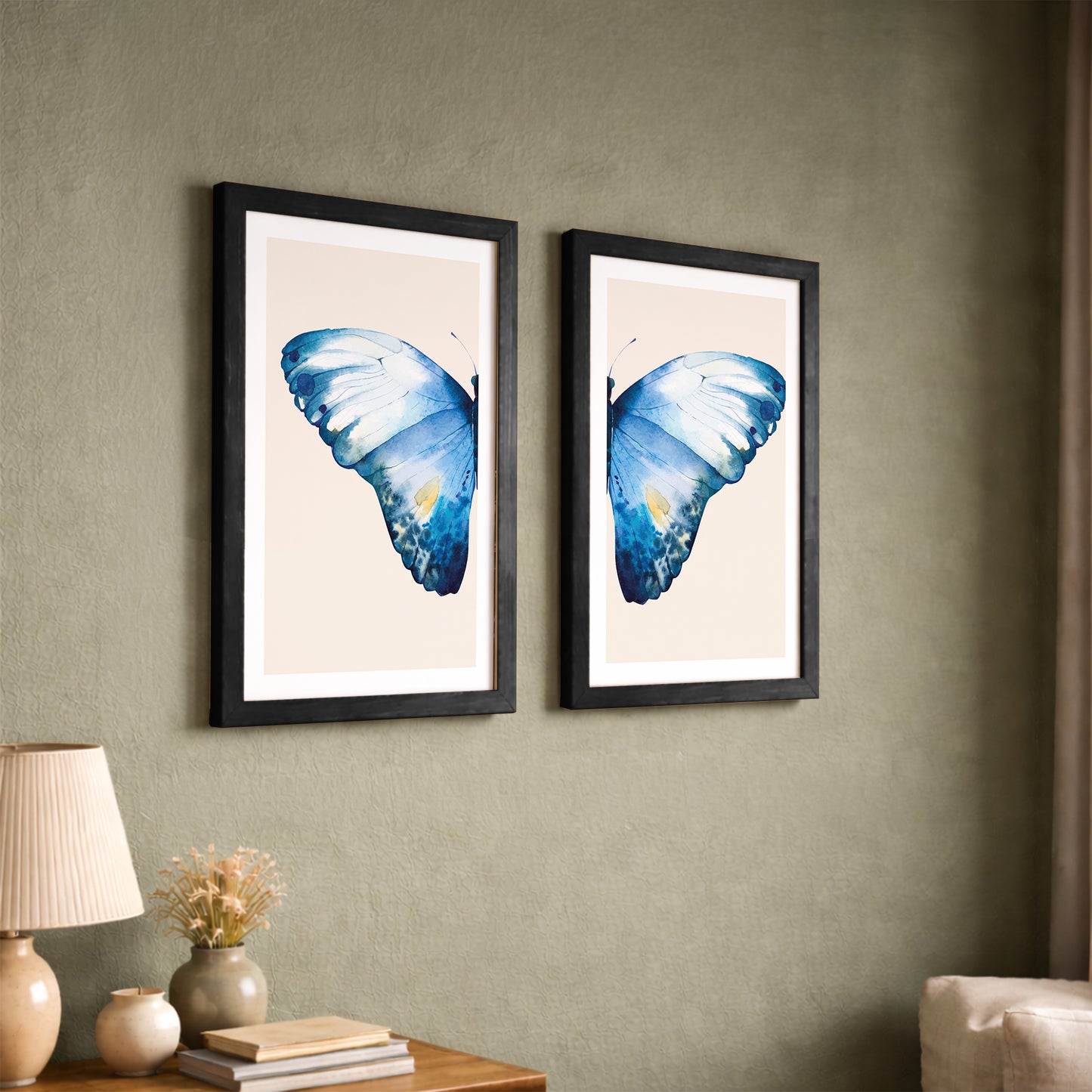 Blue Butterfly Botanical Wall Art Set of 2