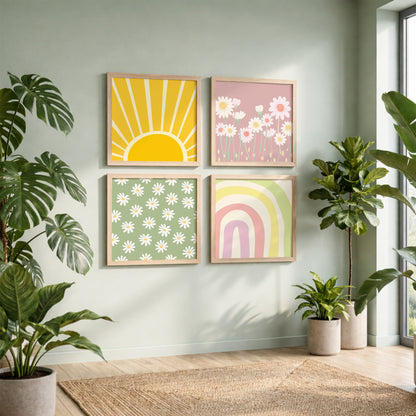 Boho Sunshine & Daisy Wall Art Frame Set of 4