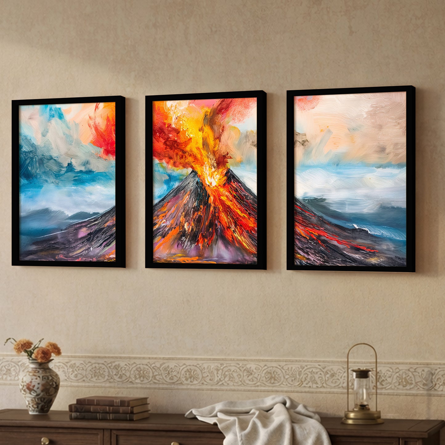 Erupting Volcano Landscape Wall Frames Set of 3