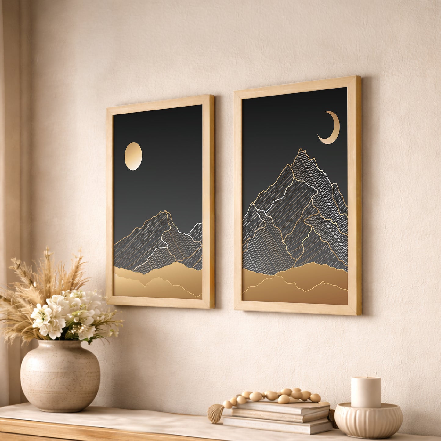 Minimalist Mountain Moon Wall Frames Set of 2