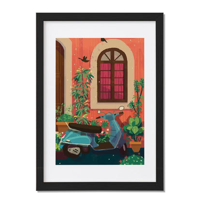 Vintage Scooter Courtyard Framed Wall Art Print