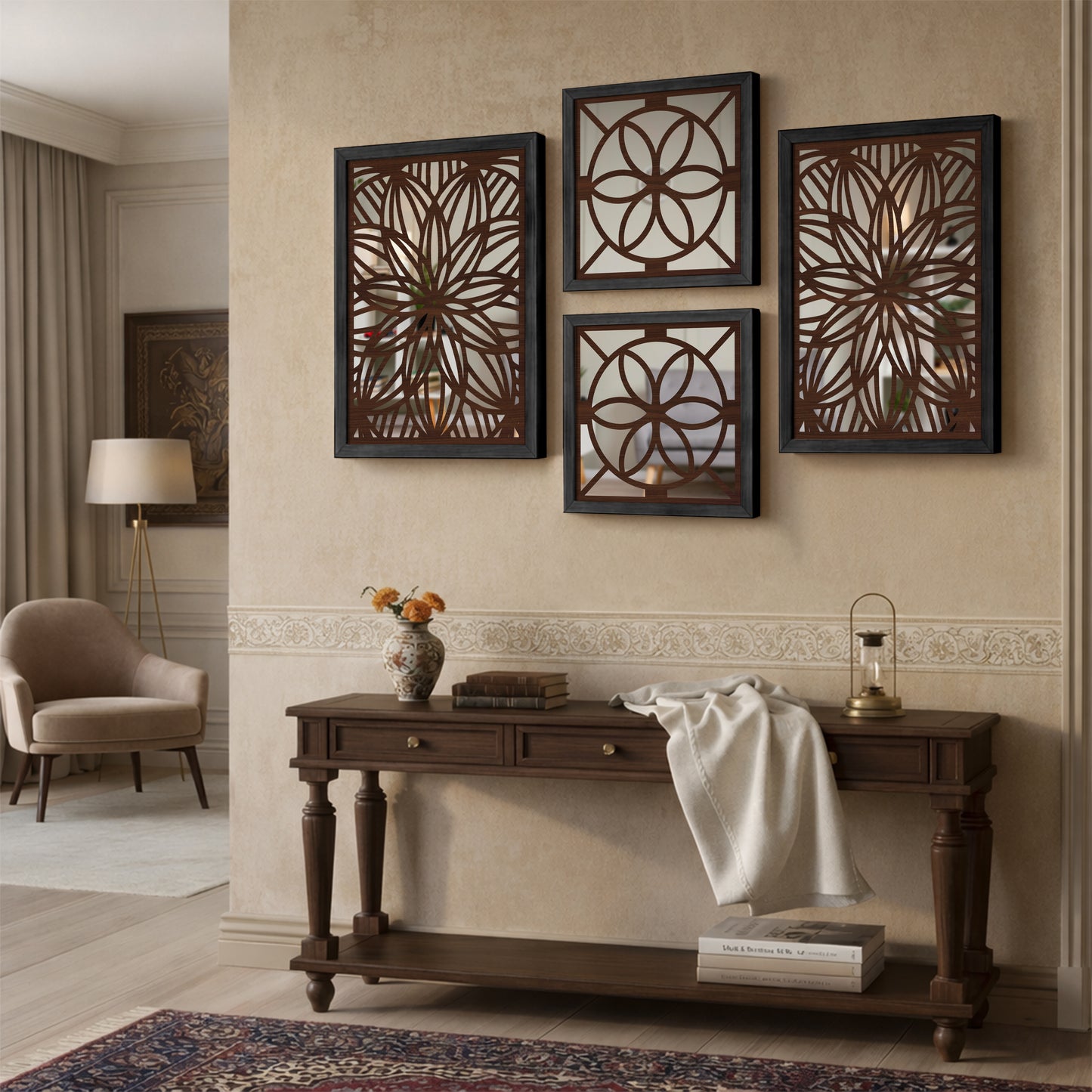 Designer Floral Mirror Panels Set of 4
