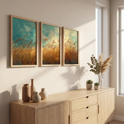 Rustic Wheat Field Landscape Wall Frames Set of 3