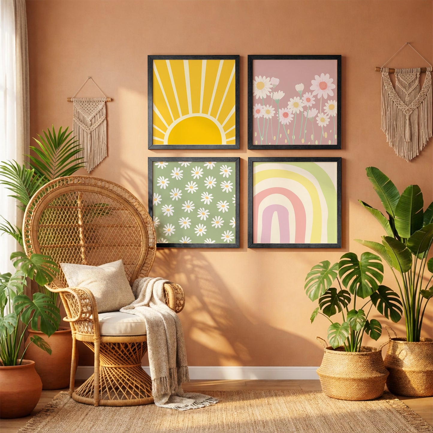 Boho Sunshine & Daisy Wall Art Frame Set of 4