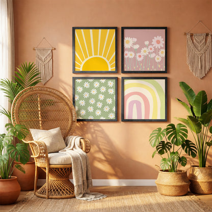 Boho Sunshine & Daisy Wall Art Frame Set of 4