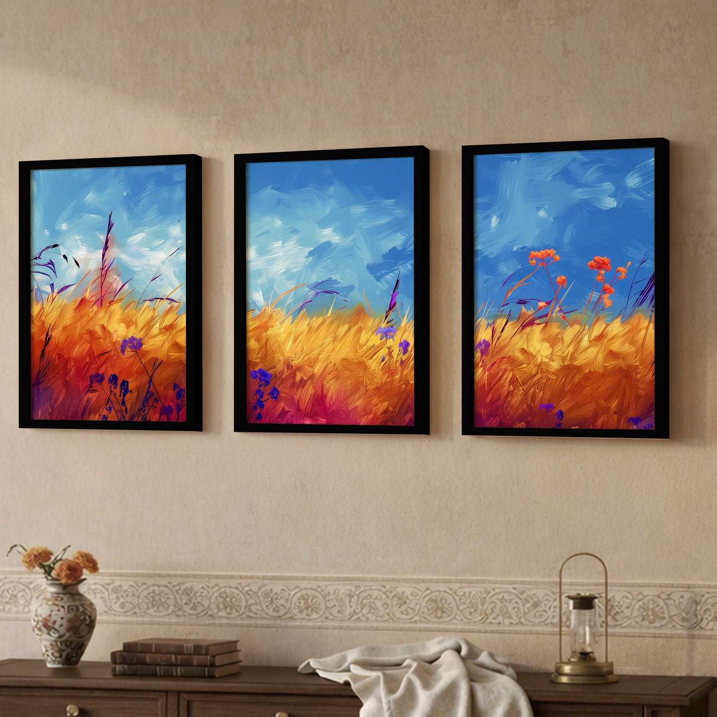 Golden Meadow Landscape Wall Frames Set of 3
