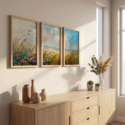 Wildflower Meadow Landscape Wall Art Set of 3