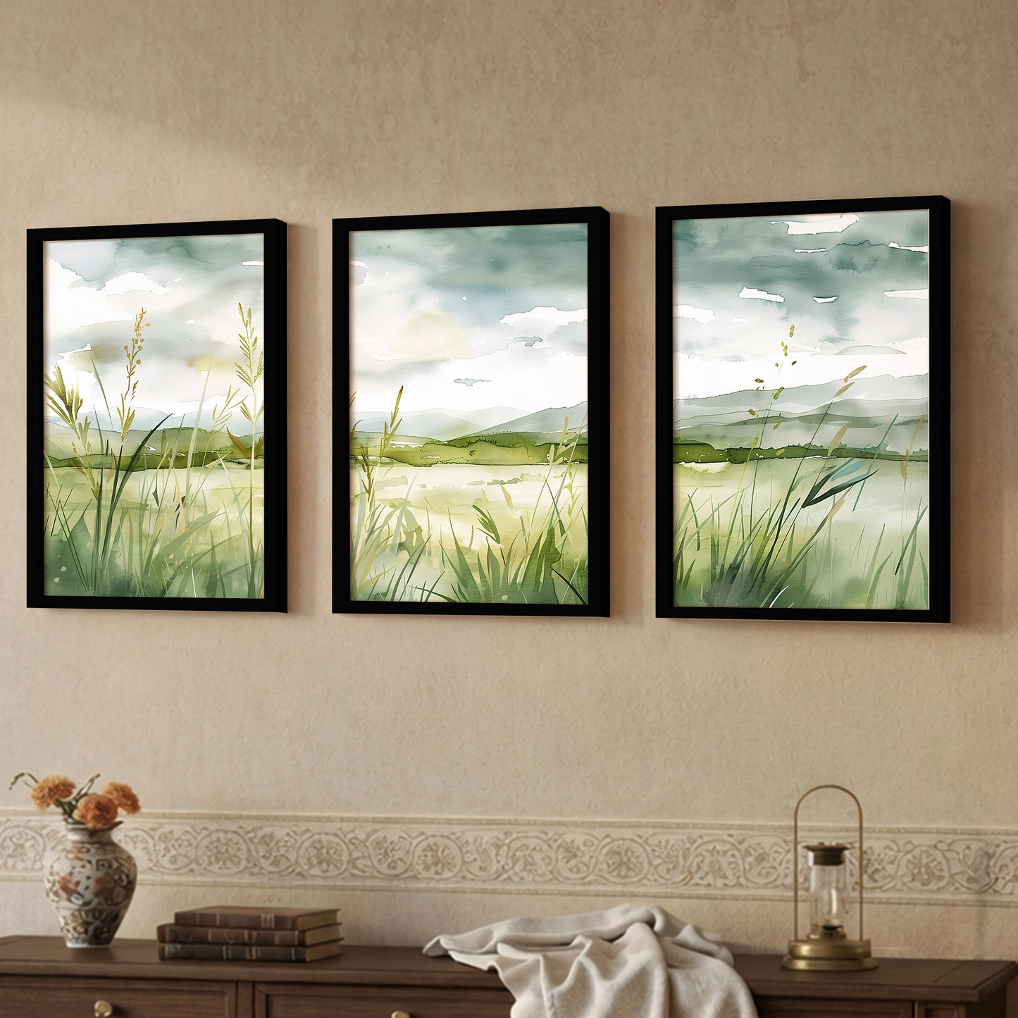 Serene Green Meadow Landscape Wall Art Set of 3