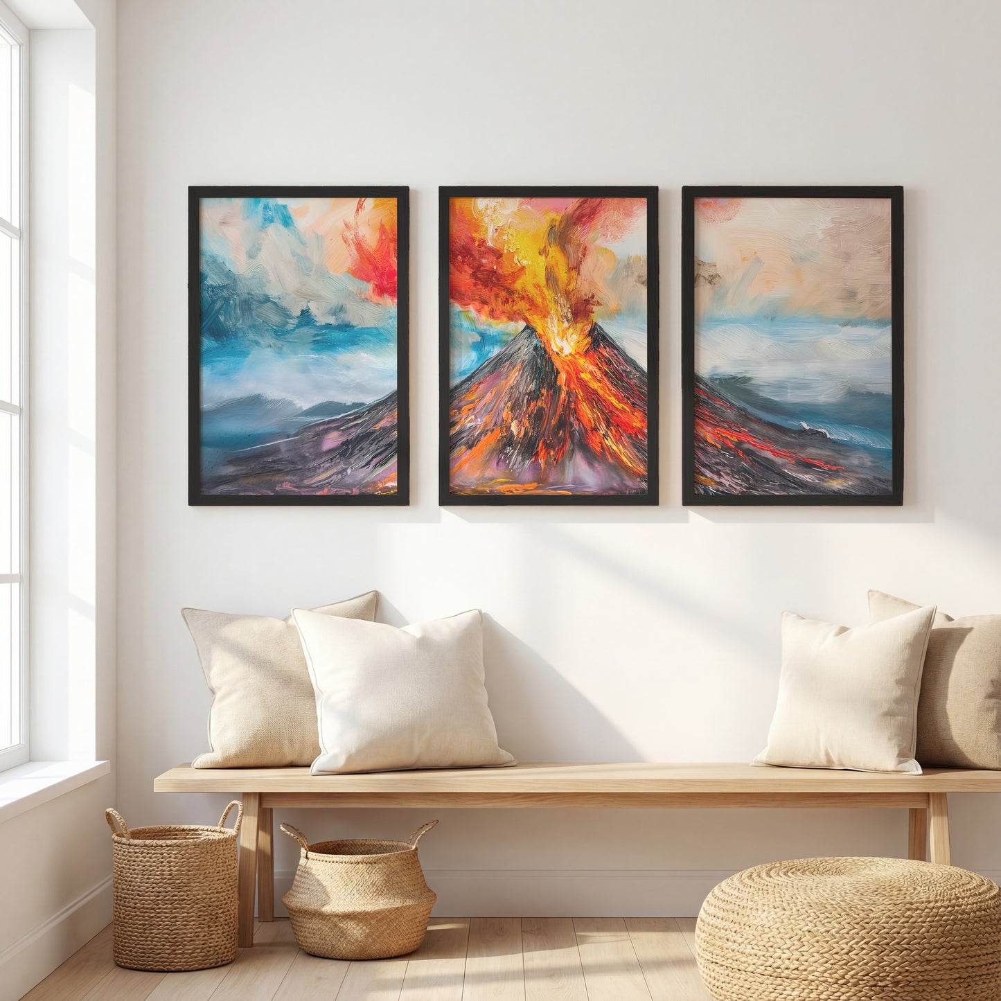 Erupting Volcano Landscape Wall Frames Set of 3
