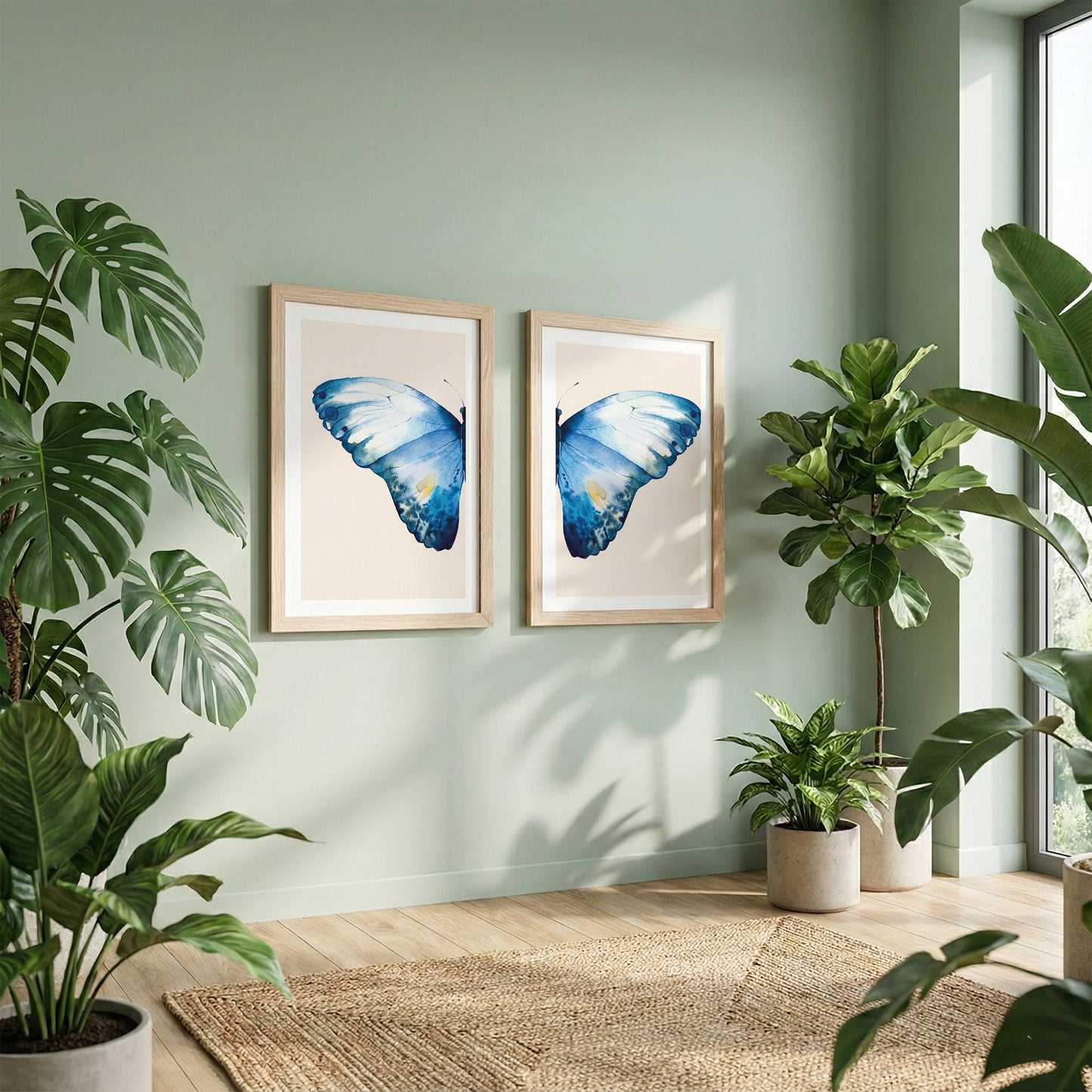Blue Butterfly Botanical Wall Art Set of 2