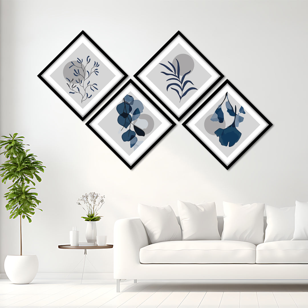 Contemporary Blue Floral and Leaf Quadtych Wall Frame