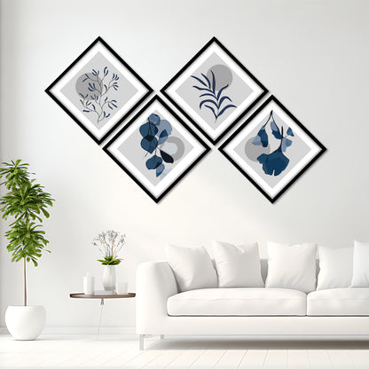 Contemporary Blue Floral and Leaf Quadtych Wall Frame
