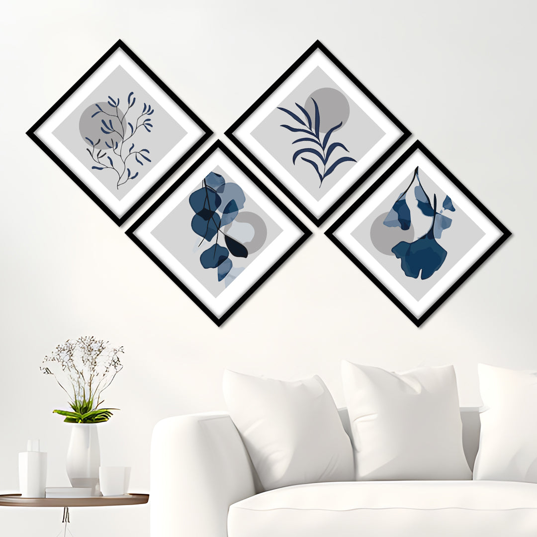 Contemporary Blue Floral and Leaf Quadtych Wall Frame