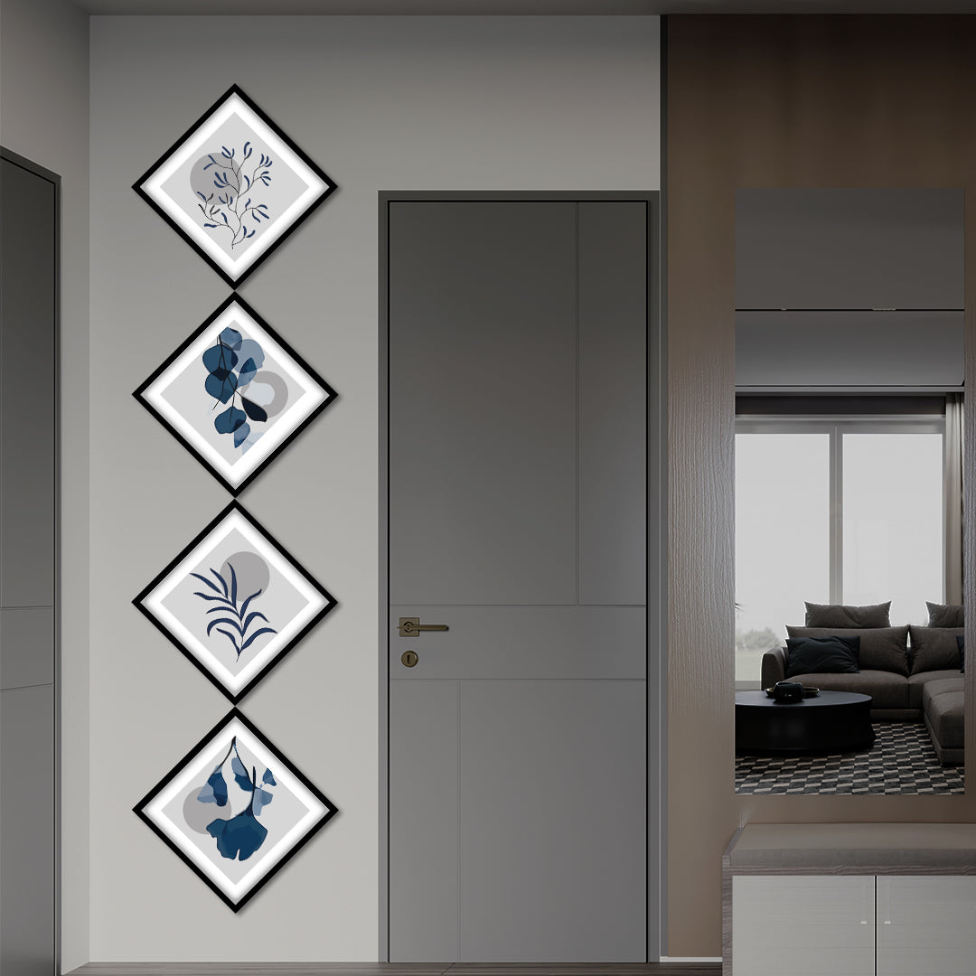 Contemporary Blue Floral and Leaf Quadtych Wall Frame
