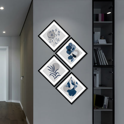 Contemporary Blue Floral and Leaf Quadtych Wall Frame