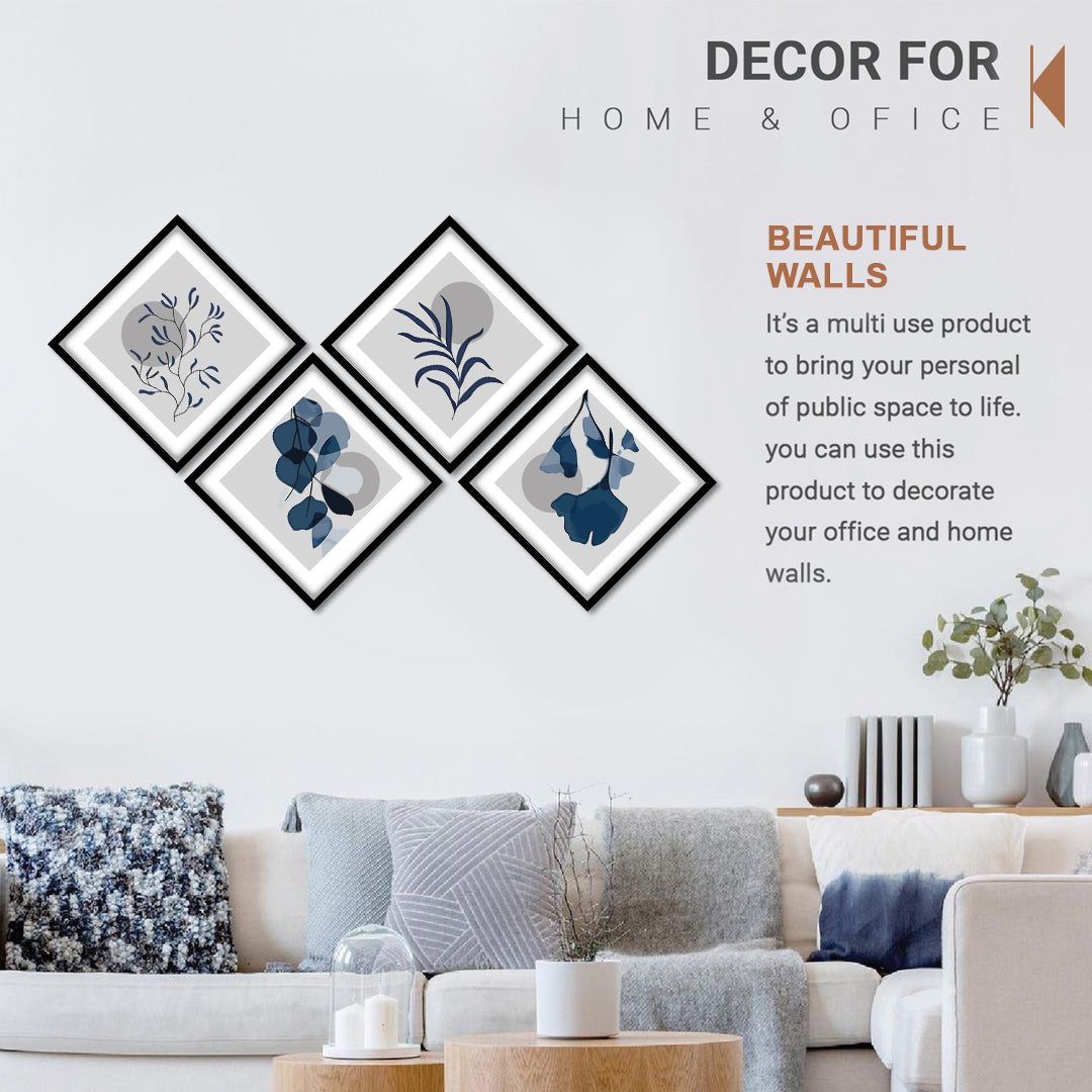 Contemporary Blue Floral and Leaf Quadtych Wall Frame