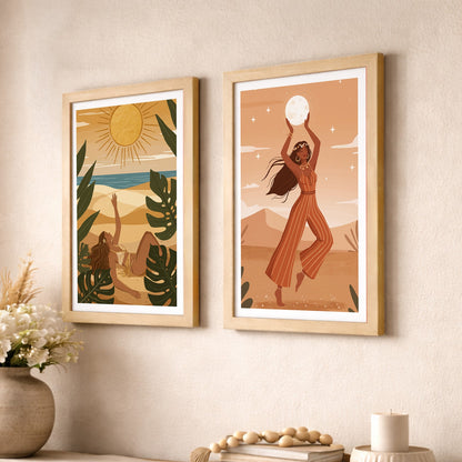 Bohemian Sun & Moon Goddess Wall Art Set of 2