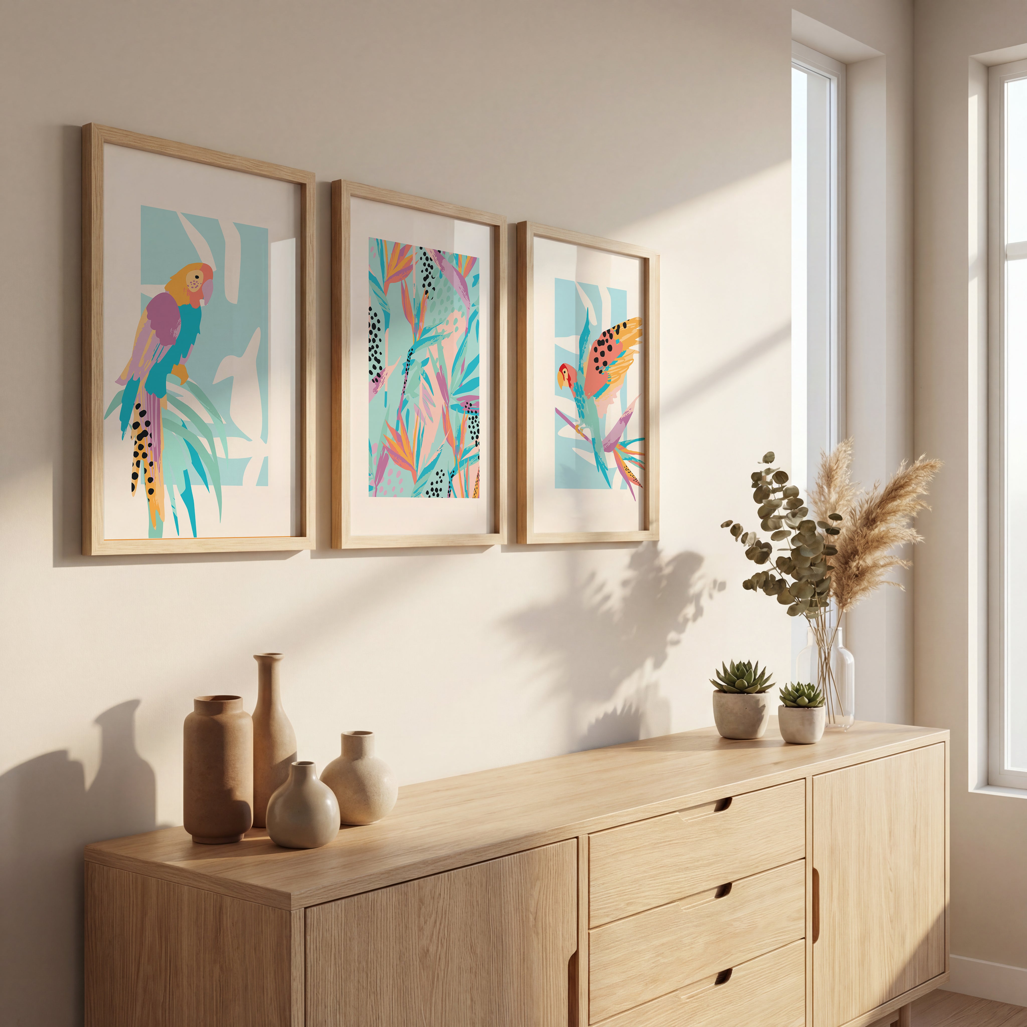 Pastel Paradise Parrots Wall Frame Set of 3