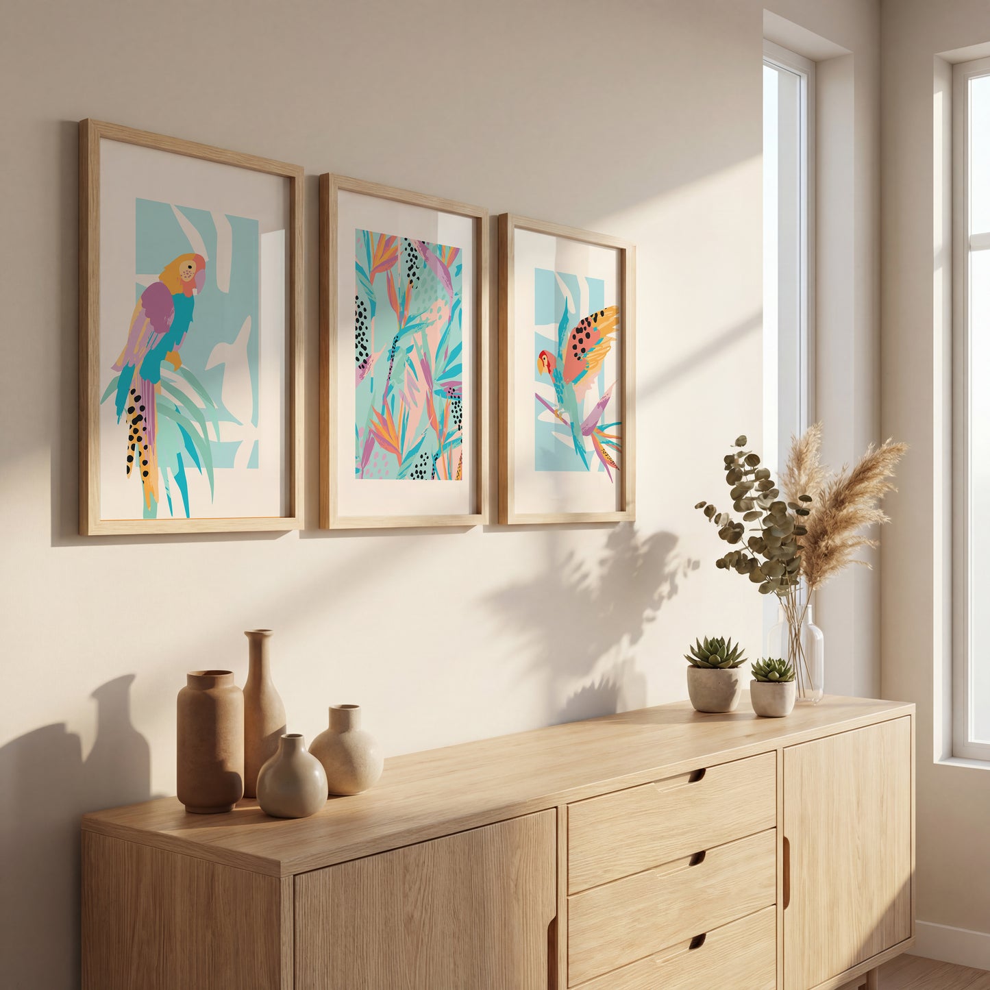 Pastel Paradise Parrots Wall Frame Set of 3
