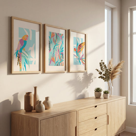 Pastel Paradise Parrots Wall Frame Set of 3