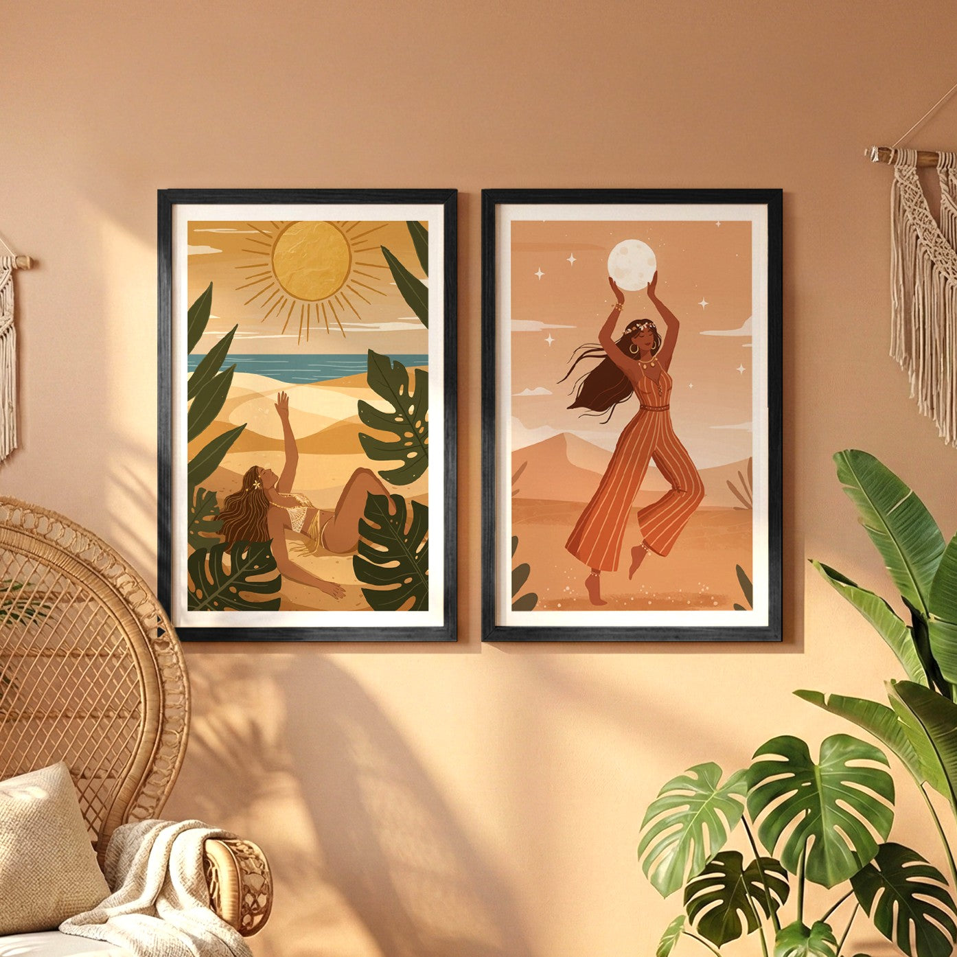 Bohemian Sun & Moon Goddess Wall Art Set of 2