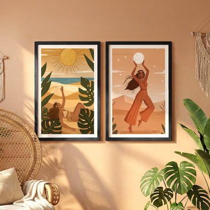 Bohemian Sun & Moon Goddess Wall Art Set of 2