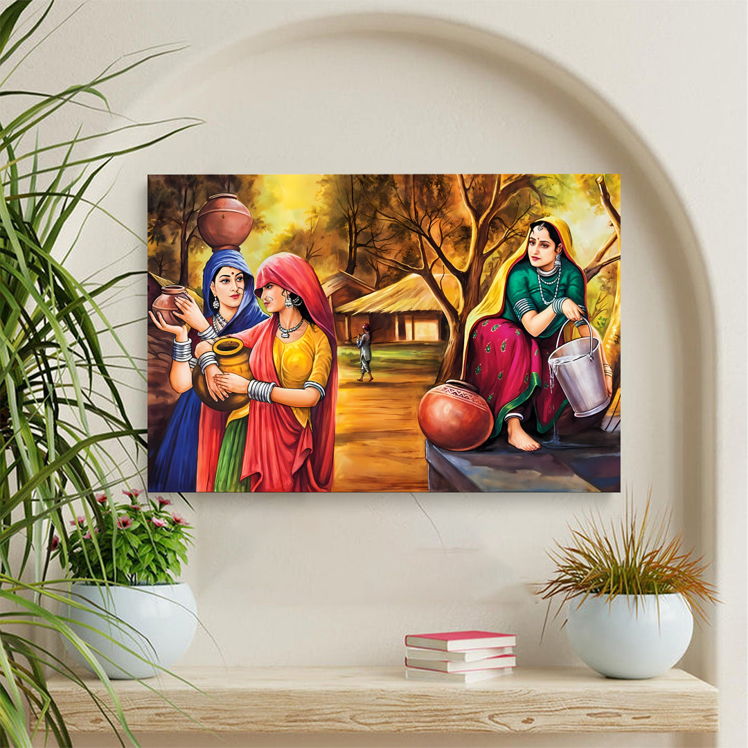 Traditional Indian Women Painting Wall Canvas