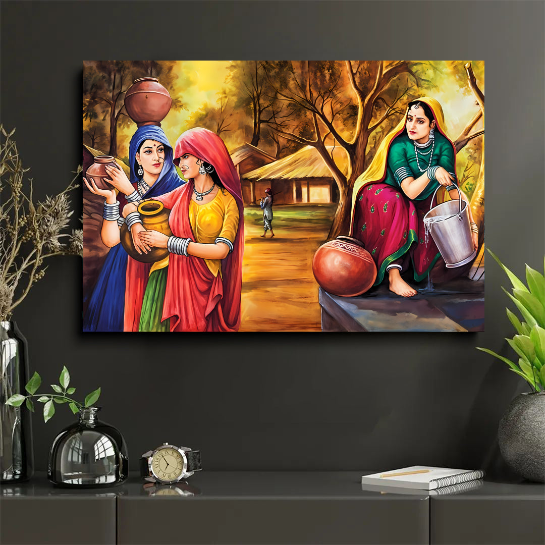 Traditional Indian Women Painting Wall Canvas
