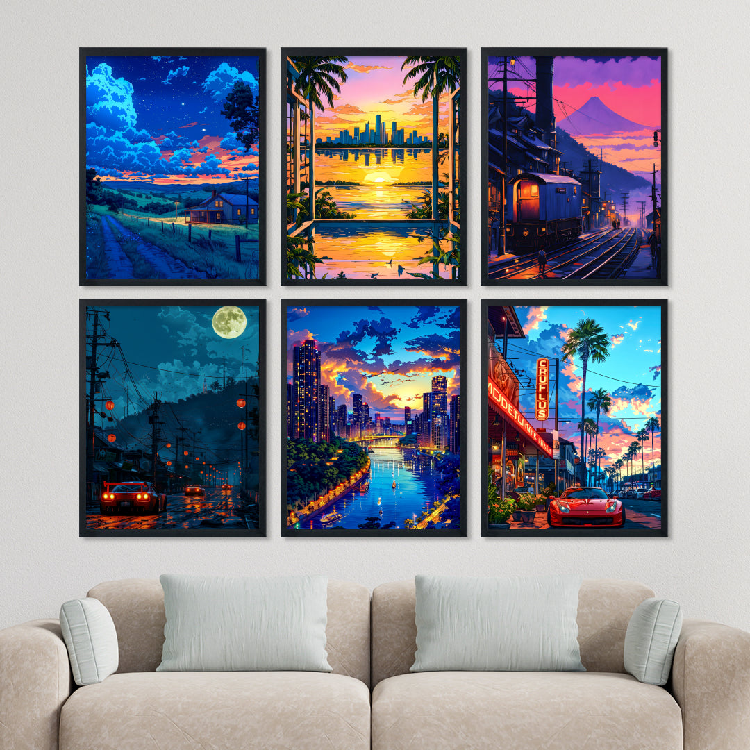 Neon Cityscape Wall Art Frame Set
