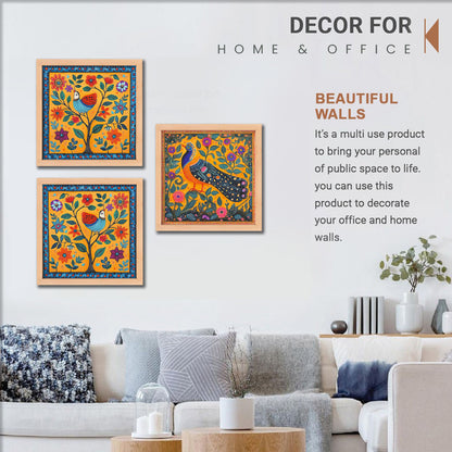 Folk Peacock & Bird Wall Frame Art Set