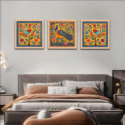 Folk Peacock & Bird Wall Frame Art Set